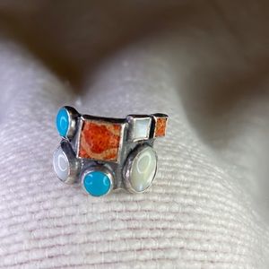 Sterling Silver Ring with REAL Turquoise, Opal and Red Coral
